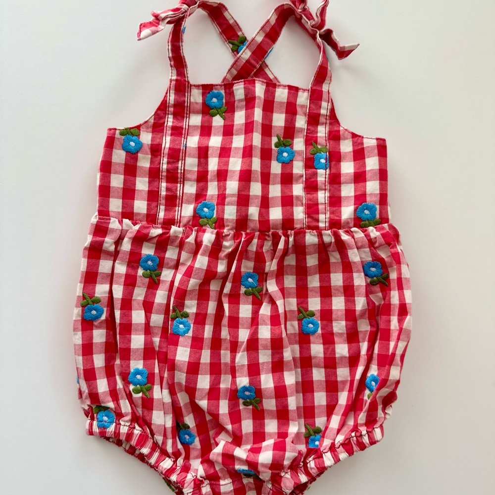 Hanna Andersson Red Gingham Floral Bubble Romper 60cm